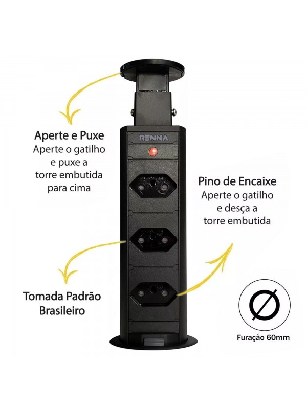 Torre Tomada com 3 Pontos 2P+T 10A Renna Preta